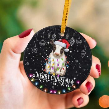 Merry Christmas Baby Cow Ceramic Ornament