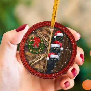 Merry Christmas Black Cats Peek Ceramic Ornament