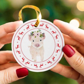 Merry Christmas Little Pig Reindeer Ceramic Ornament