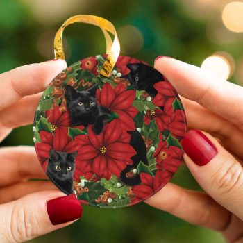 Pet Christmas Black Cat Hiding Flowers Ceramic Ornament