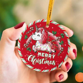Pink Unicorn Merry Christmas Happy Holiday Ceramic Ornament