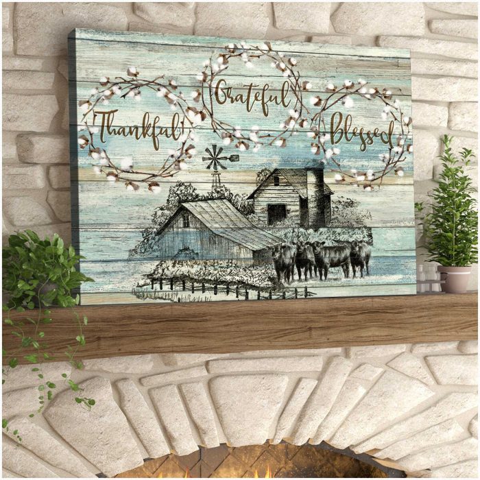 Angus Cows Thankful Grateful Blessed Farm Canvas Wall Art Farmhouse Decor