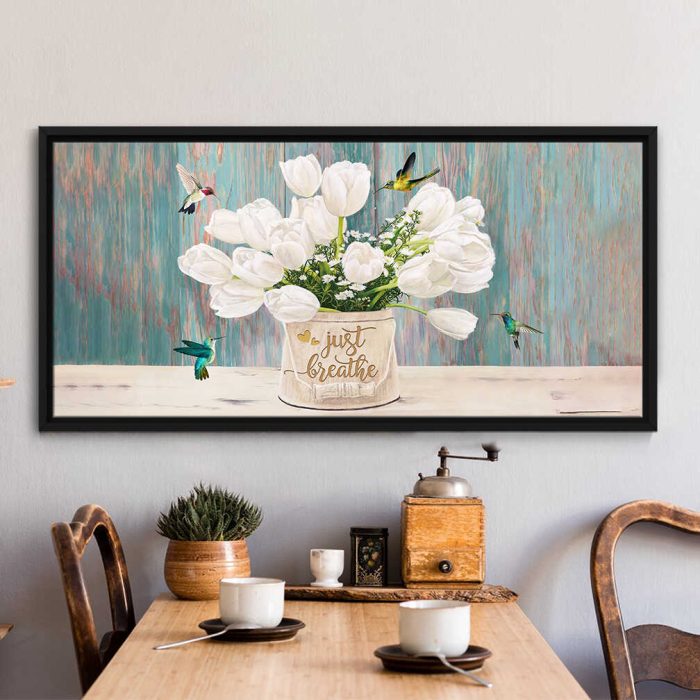 Black Framed Canvas Just Breathe Hummingbird And Tulips Canvas Prints Wall Art Decor