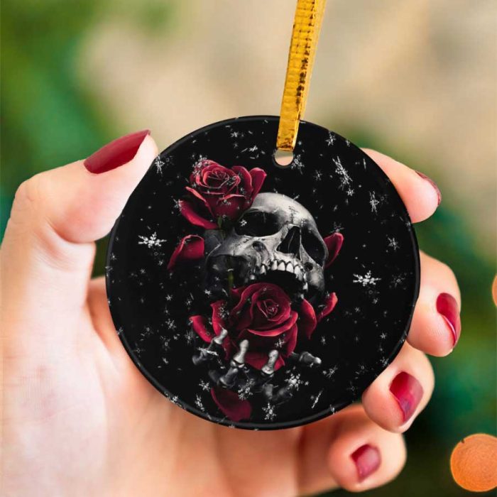 Crimson Rose Skull Horror Ceramic Ornament