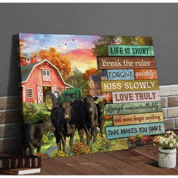 Farmhouse Life Is Short Break The Rules Angus Cows Canvas Prints Wall Art Decor