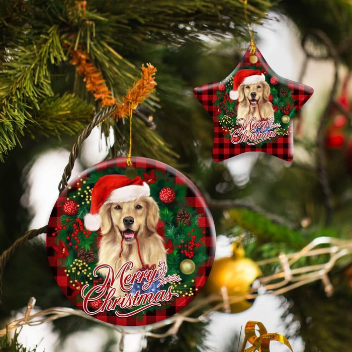 Golden Retriever Wreath Christmas Ceramic Ornament