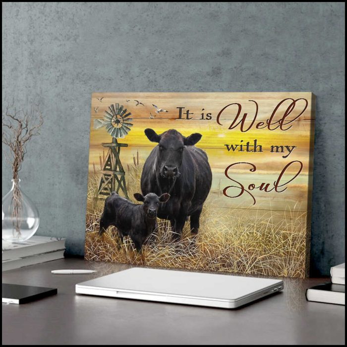 It Is Well With My Soul Angus Cow Canvas Wall Art Farmhouse Decor