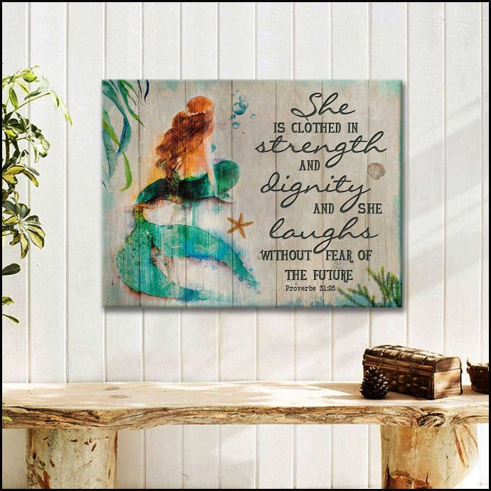 She Is Clothed In Strength And Dignity Mermaid Beach Canvas Prints Wall Art Decor