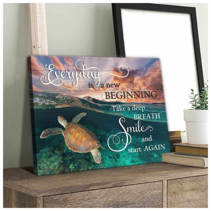 Beach Turtle Canvas Everyday Is A New Beginning Take A Deep Breath Smile And Start Again Wall Art Decor