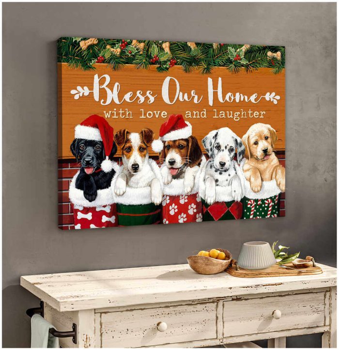 Christmas Dogs Canvas Bless Our Home With Love And Laughter Wall Art Decor