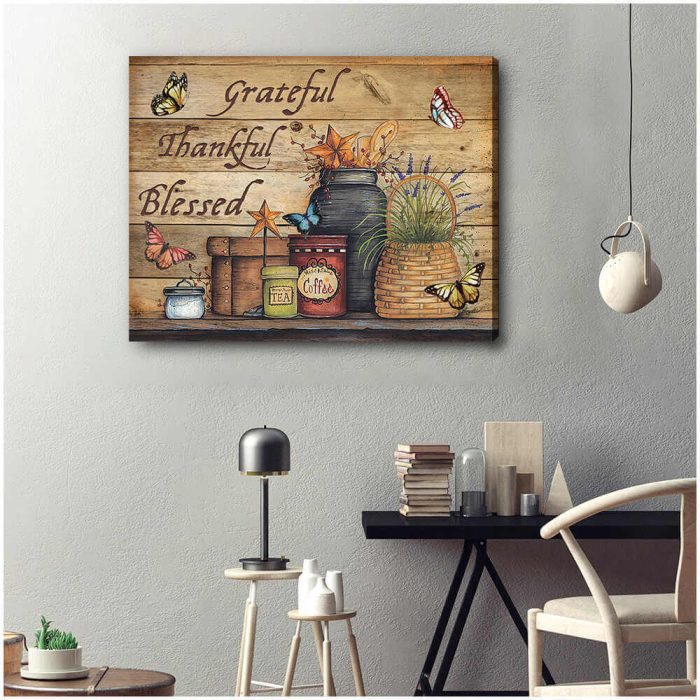 Farmhouse Butterflies Canvas Grateful Thankful Blessed Wall Art Decor