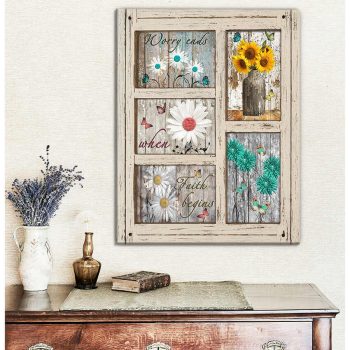 Window Teal Brown Rustic Weathered Flower And Butterfly Canvas Worry Ends When Faith Begins Wall Art Decor