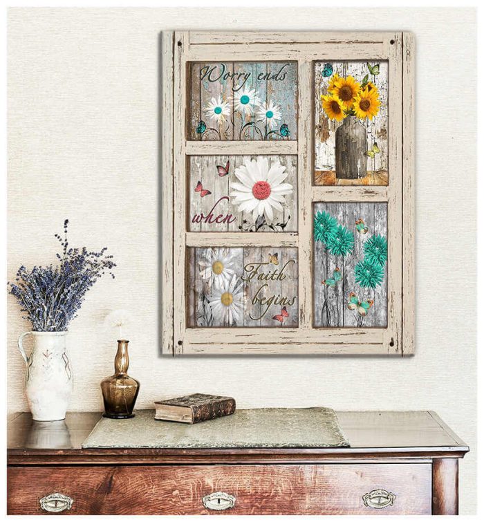 Window Teal Brown Rustic Weathered Flower And Butterfly Canvas Worry Ends When Faith Begins Wall Art Decor