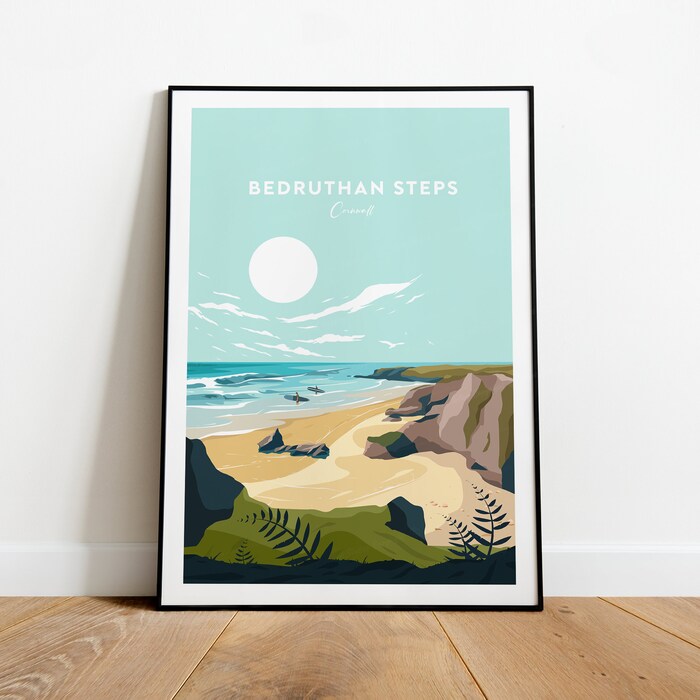 Bedruthan Steps Beach Traditional Travel Canvas Poster Print - Cornwall