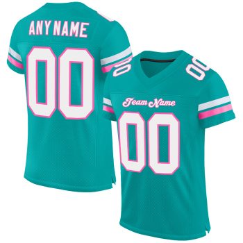 Custom Aqua White-Pink Mesh Football Jersey