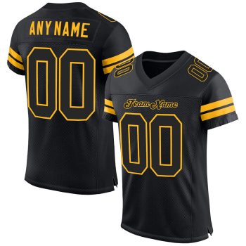 Custom Black Black-Gold Mesh Football Jersey