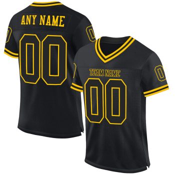 Custom Black Black-Gold Mesh Throwback Football Jersey