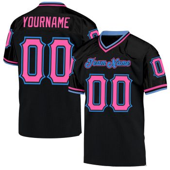 Custom Black Pink-Powder Blue Mesh Throwback Football Jersey