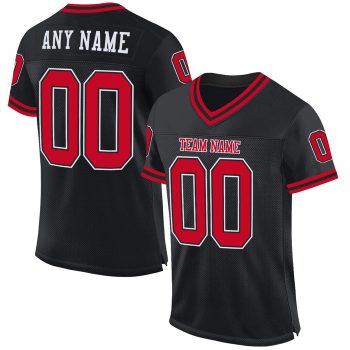 Custom Black Red-White Mesh Throwback Football Jersey