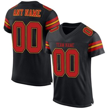 Custom Black Scarlet-Gold Mesh Football Jersey