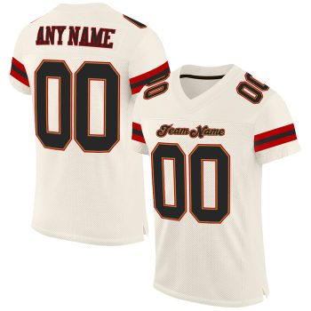 Custom Cream Black-Red Mesh Football Jersey