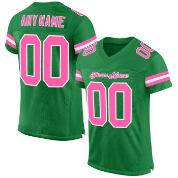 Custom Kelly Green Pink-White Mesh Football Jersey