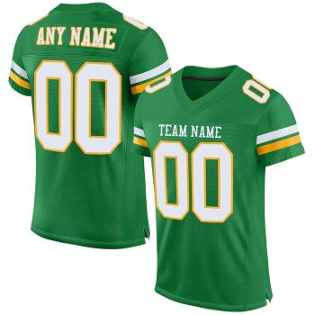 Custom Kelly Green White-Gold Mesh Football Jersey