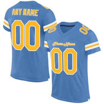 Custom Light Blue Gold-White Mesh Football Jersey