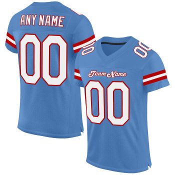 Custom Light Blue White-Red Mesh Football Jersey