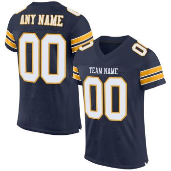 Custom Navy White-Gold Mesh Football Jersey