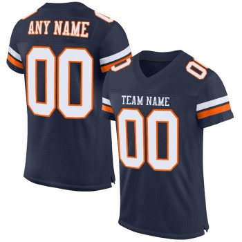 Custom Navy White-Orange Mesh Football Jersey