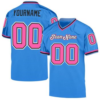 Custom Powder Blue Pink-Black Mesh Throwback Football Jersey