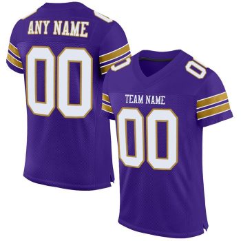 Custom Purple White-Old Gold Mesh Football Jersey