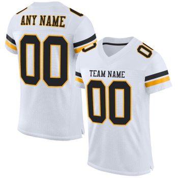 Custom White Black-Gold Mesh Football Jersey