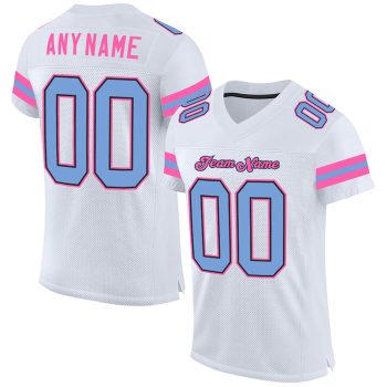 Custom White Light Blue-Pink Mesh Football Jersey