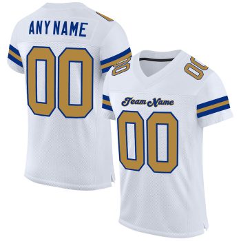 Custom White Old Gold-Royal Mesh Football Jersey