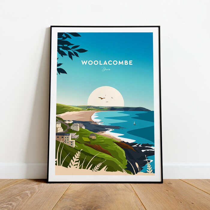 Woolacombe Traditional Travel Canvas Poster Print - Devon