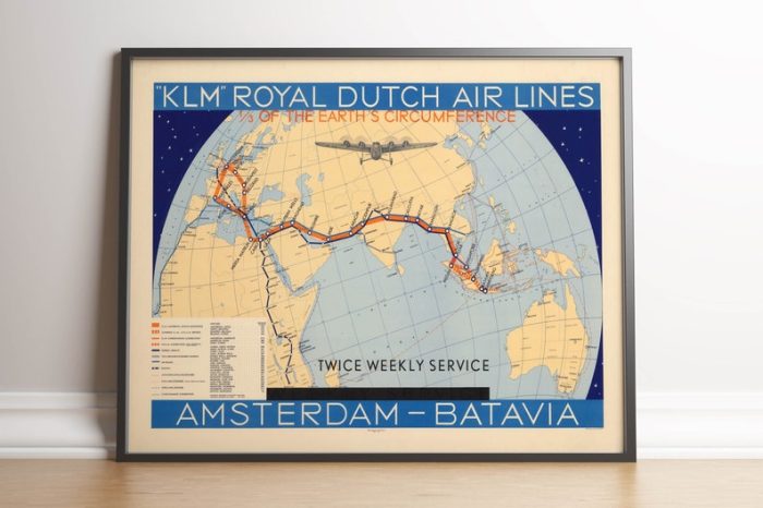 KLM Airlines Poster Royal Dutch Airlines Vintage Travel Print Amsterdam to Batavia Aviation Travel Vintage Aviation Wall Art