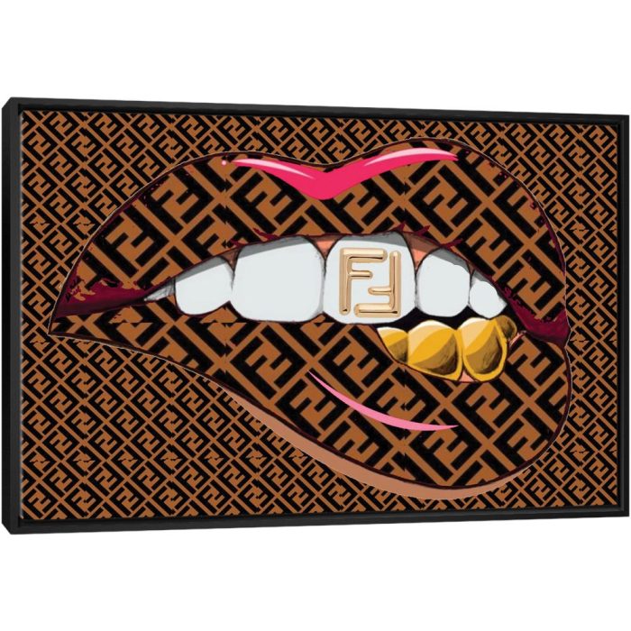 Fendi Logo Lips Pattern With Gold Logo Teeth - Black Framed Canvas
