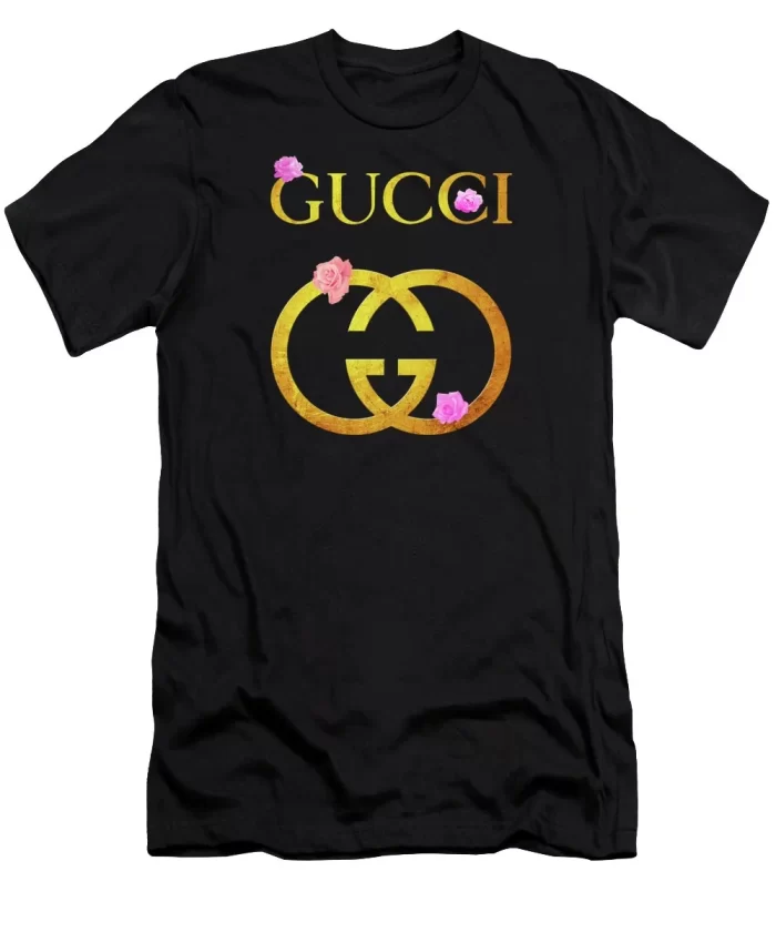 Gucci Golden Logo Pinky Flowers Black Luxury Brand Unisex T-Shirt Kid T-Shirt LTS015