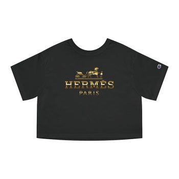 Hermes Paris Horse Gold Original Logo Champion Women Cropped T-Shirt CTB2514
