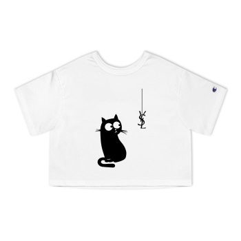 Yves Saint Laurent Logo Luxury Black Kitten Champion Women Cropped T-Shirt CTB2507