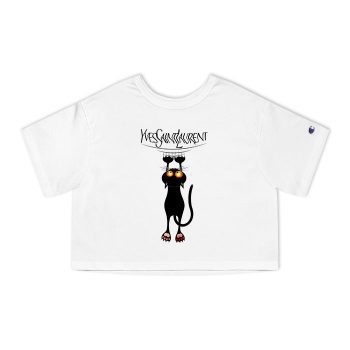 Yves Saint Laurent Logo Luxury Black Kitten Champion Women Cropped T-Shirt CTB2735
