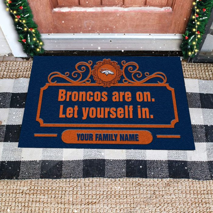 Denver Broncos Are On Let Yourself In Custom Personalized Retro Doormat Welcome Mat DM1910
