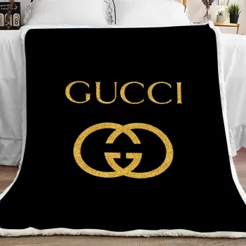 Gucci Black Golden Logo Luxury Brand Premium Fleece Sherpa Blanket Sofa Decor BL3058