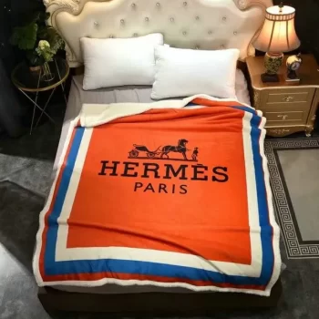 Hermes Paris Orange Luxury Brand Premium Fleece Sherpa Blanket Sofa Decor BL3035
