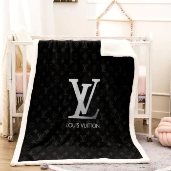 Louis Vuitton White Logo Black Luxury Brand Premium Fleece Sherpa Blanket Sofa Decor BL3033