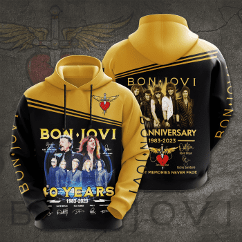Bon Jovi Rock Band Signatures 40 Years Anniversary 3D Unisex Pullover Hoodie - Black Yellow IHT1869