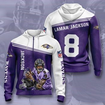 Lamar Jackson 8 Baltimore Ravens 3D Unisex Pullover Hoodie - Purple White IHT2415
