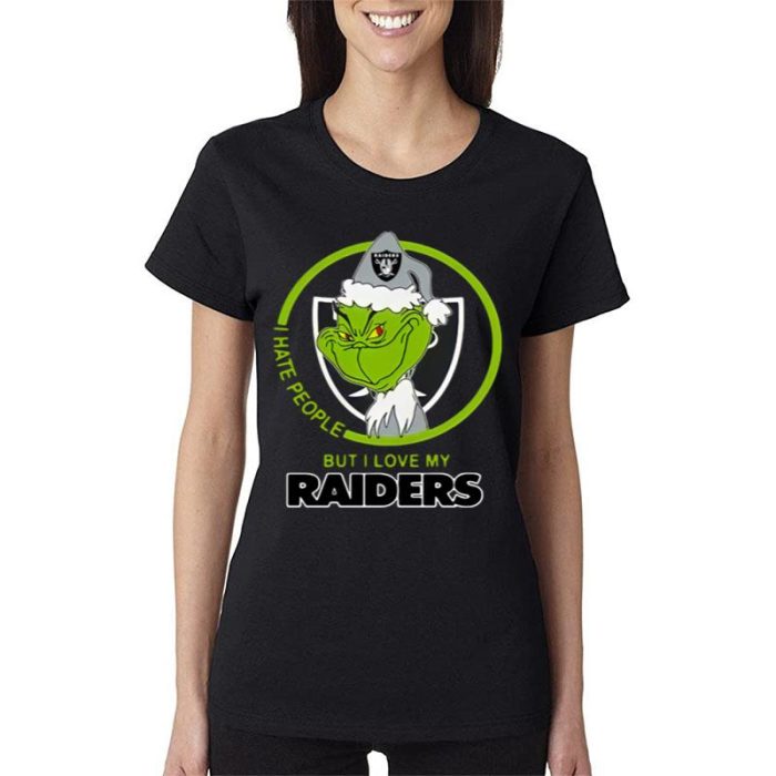 Oakland Raiders Nfl Christmas Grinch Santa I Hate People But I Love My Raiders Women Lady T-Shirt